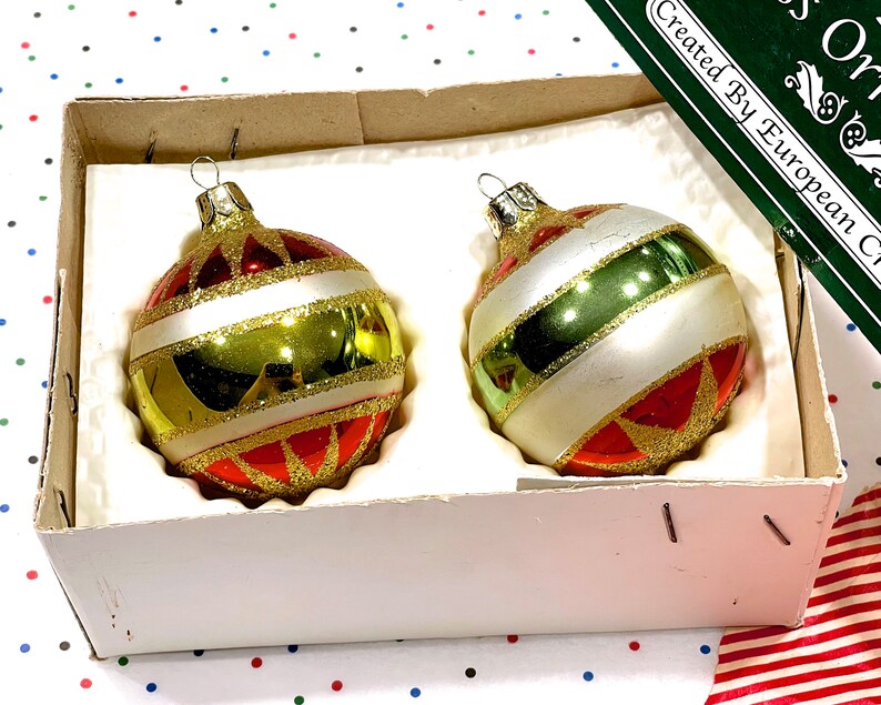 VINTAGE: 2pcs European Hand Blown Indent Glass Ornaments in Box Christmas Decor Ornament Holiday image 3