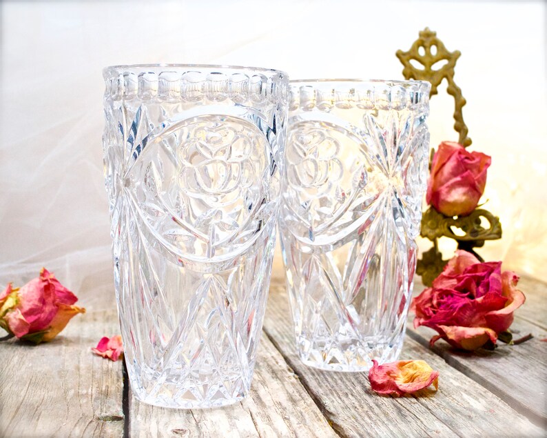 VINTAGE: 2pc Deep Cut Crystal Tumblers Cups Flower Cut Beauty and Elegance SKU 32-B-00032572 image 2