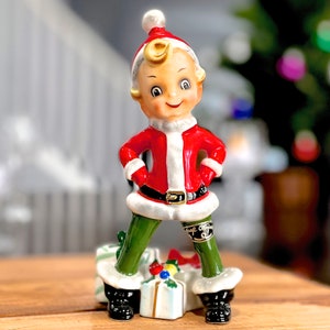 VINTAGE: RARE Josef Originals Christmas Elf Pixie Santa Suit Guarding Present Gifts Made in Japan Holidays SKU 26 27-A-00040213 image 1