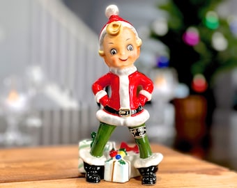 VINTAGE: RARE Josef Originals Christmas Elf Pixie Santa Suit Guarding Present Gifts - Made in Japan - Holidays - SKU 26 27-A-00040213
