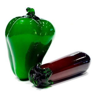 VINTAGE: Blown Glass Green Bell Pepper and Eggplant - Glass Vegetable - Kitchen - SKU 14-F2-00030876