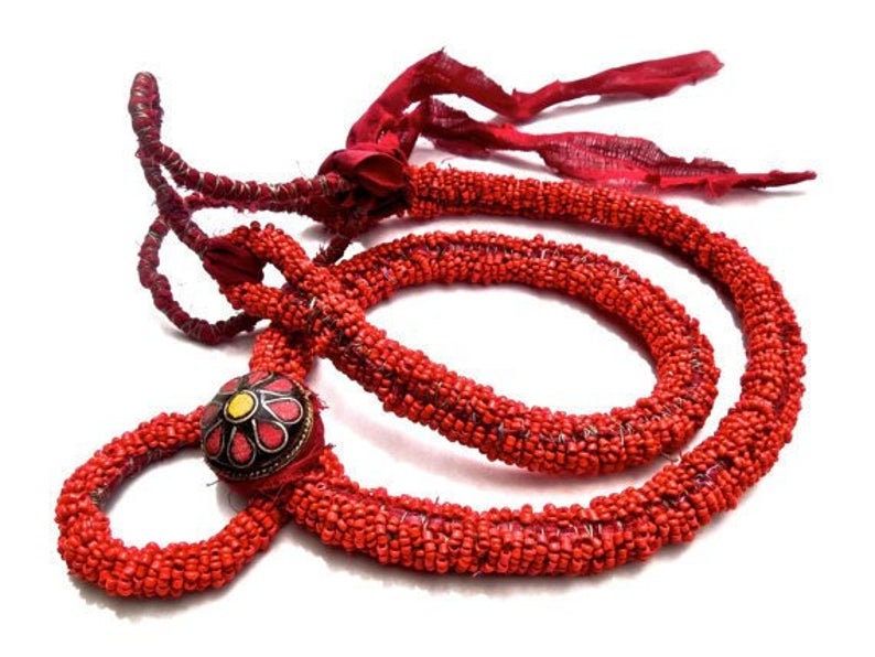 VINTAGE: Large Tibetan Beaded Necklace Handcrafted Red Necklace SKU 4-C5-00005445 image 4