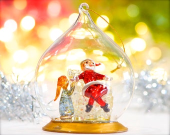 VINTAGE : Père Noël en verre filé avec une fille dans un globe en verre transparent - Verre filé - Décorations en verre - Décorations en verre transparent - SKU 30-401-00033635