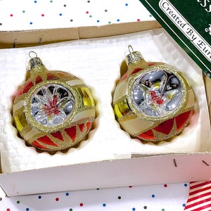 VINTAGE: 2pcs European Hand Blown Indent Glass Ornaments in Box Christmas Decor Ornament Holiday image 1