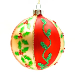 VINTAGE: Poinsettia Glass Ornament Hand Painted Ornament Tempered Glass Christmas Ornament SKU 30-409-00016217 zdjęcie 1