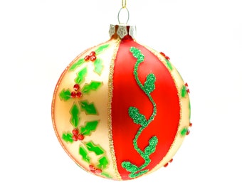 VINTAGE: Poinsettia Glass Ornament - Hand Painted Ornament - Tempered Glass - Christmas Ornament - SKU 30-409-00016217