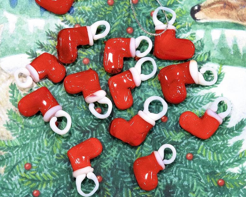 SUPPLY: 8 Lamp Work Glass Mini Christmas Red Stockings Charms Mini Feather Tree Jewelry Making Handcrafted Holiday SKU-C5-00031374 image 4