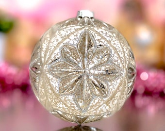 VINTAGE: 4" Textured Silver Glass Christmas Ornament - Specialty Halliday Decorations Xmas