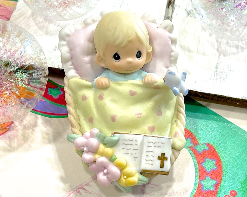 VINTAGE: 2000 Enesco Precious Moments Figurine A Godchild Close To My Heart, Porcelain Baby in Basket, Nursery Decor SKU 23-D-00034761 image 3