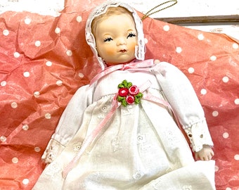 VINTAGE: Porcelain Baby Doll Ornament - Fabric Doll - Christmas Doll - Doll Ornament - SKU 00035664