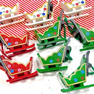 VINTAGE: 9pcs Wooden Sled Ornaments Hand Painted Ornaments Holiday Christmas X Mas image 2