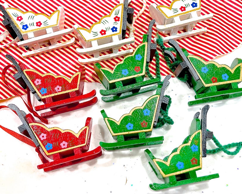 VINTAGE: 9pcs Wooden Sled Ornaments Hand Painted Ornaments Holiday Christmas X Mas image 2