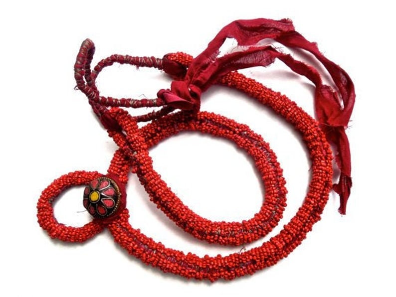 VINTAGE: Large Tibetan Beaded Necklace Handcrafted Red Necklace SKU 4-C5-00005445 image 3