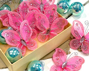 VINTAGE: 10pcs - Pink Fabric Butterflies - Feather Tree Ornaments - Decorations - Crafts - SKU Tub-603-00017172