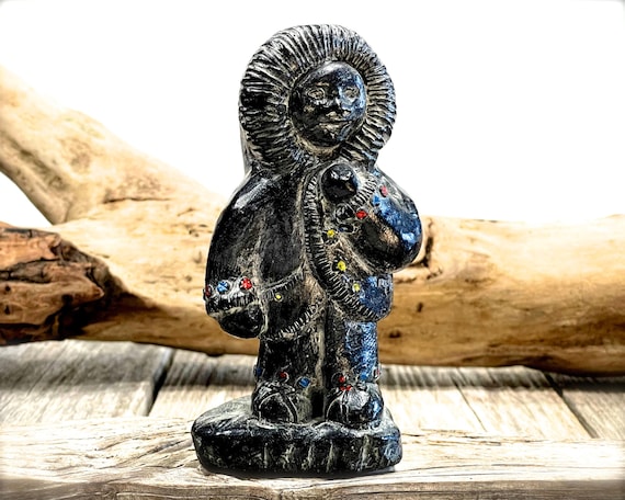 Figurine, Vintage Soapstone Eskimo Girl Sculpture | Handcarved in