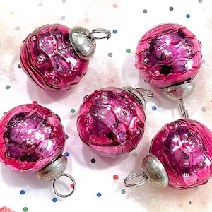 VINTAGE: 5pc - Small Thick Mercury Pink Ornaments - Mid Weight Kugel Style Ornaments - Unique Find