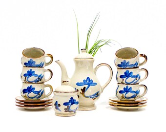 VINTAGE: Hand Painted Ceramic Blue Flower Tea Set - Cups and Saucers  - Tea Pot - Sugar Bowl - SKU Wall-22 23-00014301