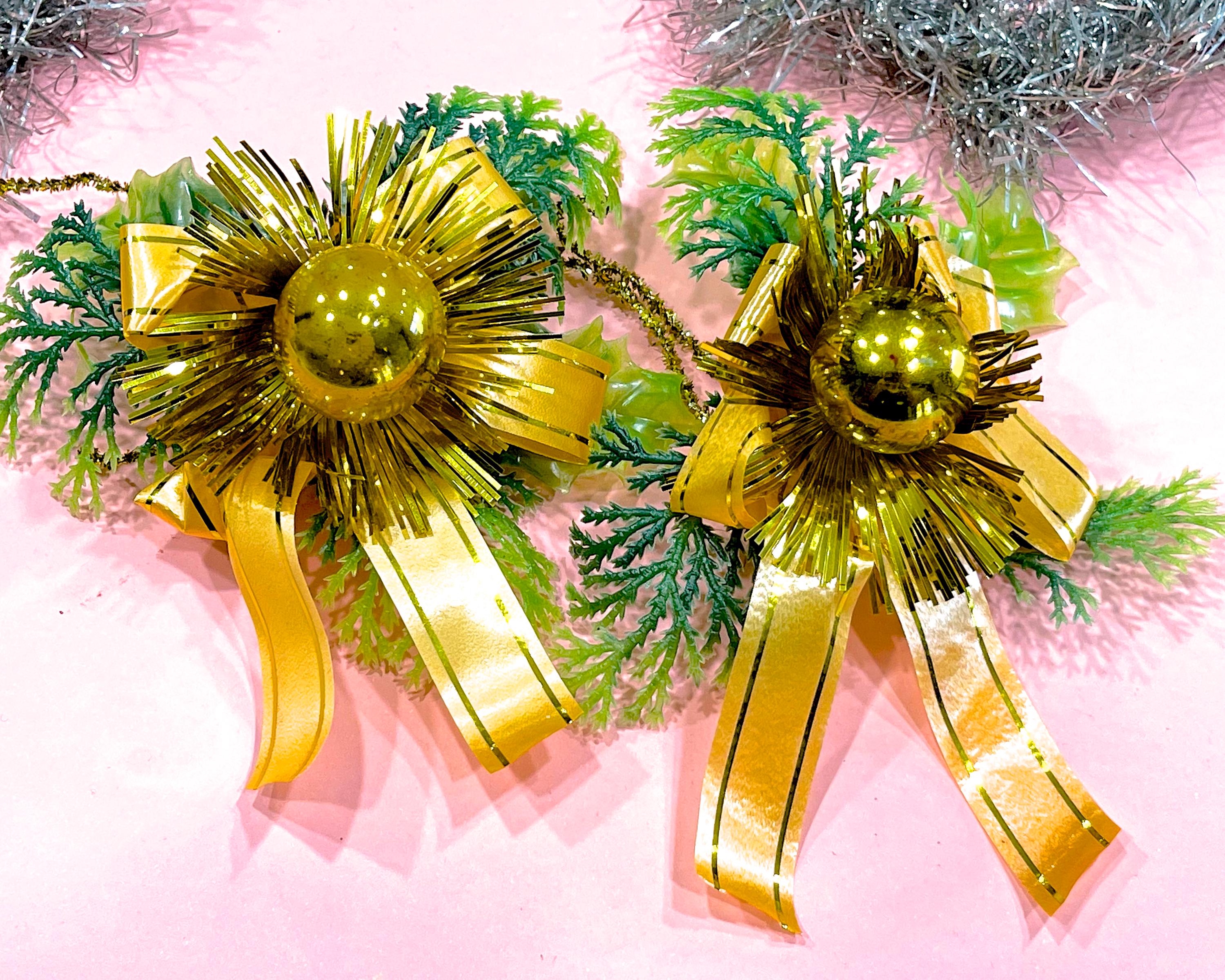 VINTAGE: Mercury Glass Flower Corsage - Greenery Peach Ribbon Tinsel Holiday Pick - Christmas