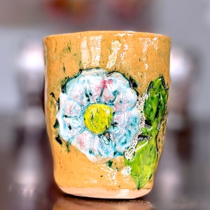VINTAGE: Studio Pottery Blue Flower Cup - Small Planter - Ceramic - Handcrafted