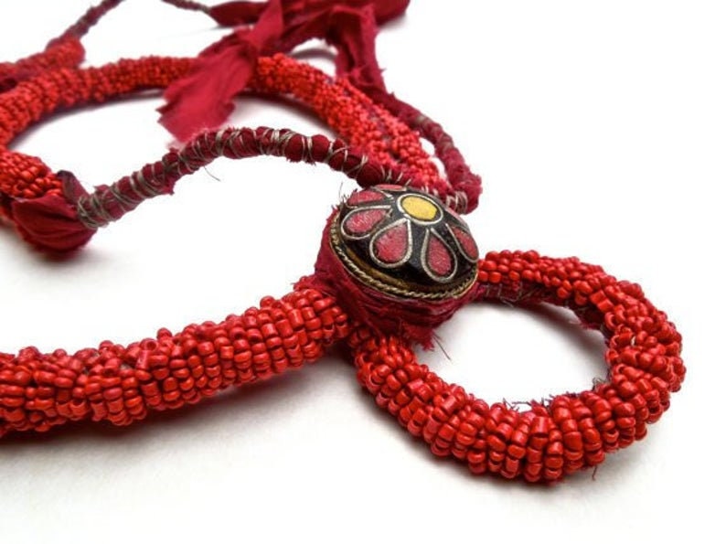 VINTAGE: Large Tibetan Beaded Necklace Handcrafted Red Necklace SKU 4-C5-00005445 image 6