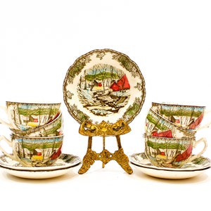 VINTAGE: England Johnson Brothers The Friendly Village Cup and Saucer Set for 6 White Christmas Holidays SKU 24 25-E-00016786 image 2