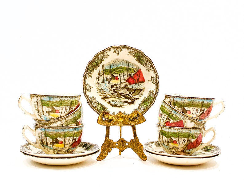 VINTAGE: England Johnson Brothers The Friendly Village Cup and Saucer Set for 6 White Christmas Holidays SKU 24 25-E-00016786 image 2