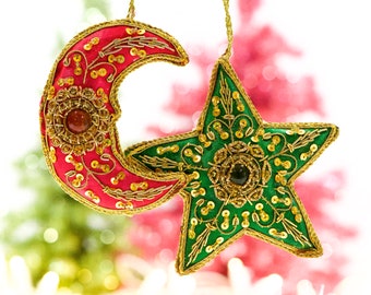 VINTAGE: 2pcs - Fabric Metal Bullion Moon and Star Ornaments - Pillow Ornaments - Fabric Ornaments - SKU Tub-400-00012124