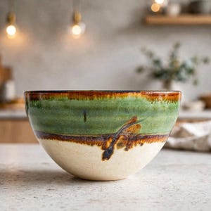 May include: A ceramic bowl featuring a rounded shape with a two-tone glaze. The upper portion is a deep forest green, while the lower section is a creamy off-white. A dark brown, textured drip pattern separates the two colors.