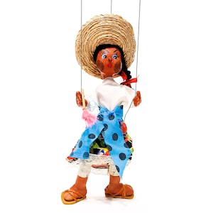 VINTAGE: 1940&#39;s - Mexican Oilcloth Marionette Doll - Handmade Marionette Puppet - Mexican Folk Art - Hand Painted Dolls - SKU 28-C3-00012928