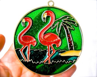 VINTAGE: 1980s - Retro Metal and Glittered Resin Flamingo Ornament - Faux Stain Glass - Light Sun Catchers - Gift - SKU 15-E2-00017344