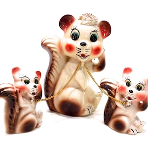 VINTAGE: Ceramic Squirrel Family - Chained Squirrel Set - Handcrafted - Hand Painted - Animal Figurine - Gift Idea - SKU 23-D-00010301