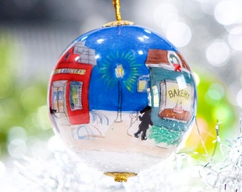 VINTAGE: Reverse Painting Christmas Town Ornament - Hand Painted Ornament - Christmas, Holiday, Xmas - SKU 30-405-00030969