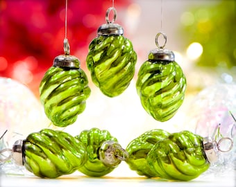 VINTAGE: 5pc - Small Thick Mercury Glass Green Ornaments - Mid Weight Kugel Style Ornaments - Unique Find - SKU 34