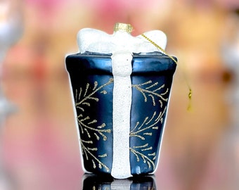 VINTAGE: Glass Christmas Gift Ornament - Present Ornament - Mercury Ornament - Holiday - Xmas