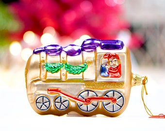 VINTAGE: German Glass Train Ornament - Home for the Hollidays Ornament - Hand Painted Glass - Holiday, Christmas - SKU 30-404-00030629