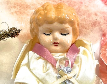 VINTAGE: Porcelain Angel Doll Ornament - Fabric Angel Bust - Christmas Angel - SKU 30-410-00035010