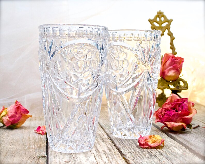 VINTAGE: 2pc Deep Cut Crystal Tumblers Cups Flower Cut Beauty and Elegance SKU 32-B-00032572 image 1