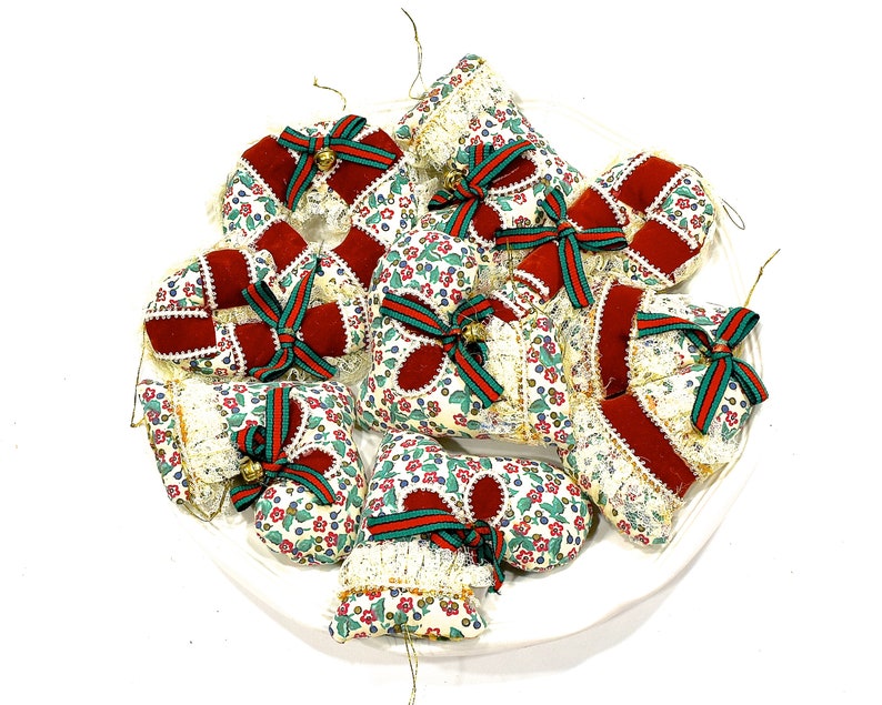 VINTAGE: 8 Mixed Fabric Ornaments Pillow Ornaments Christmas Holidays Gift Handmade SKU Tub-393-00017667 image 1