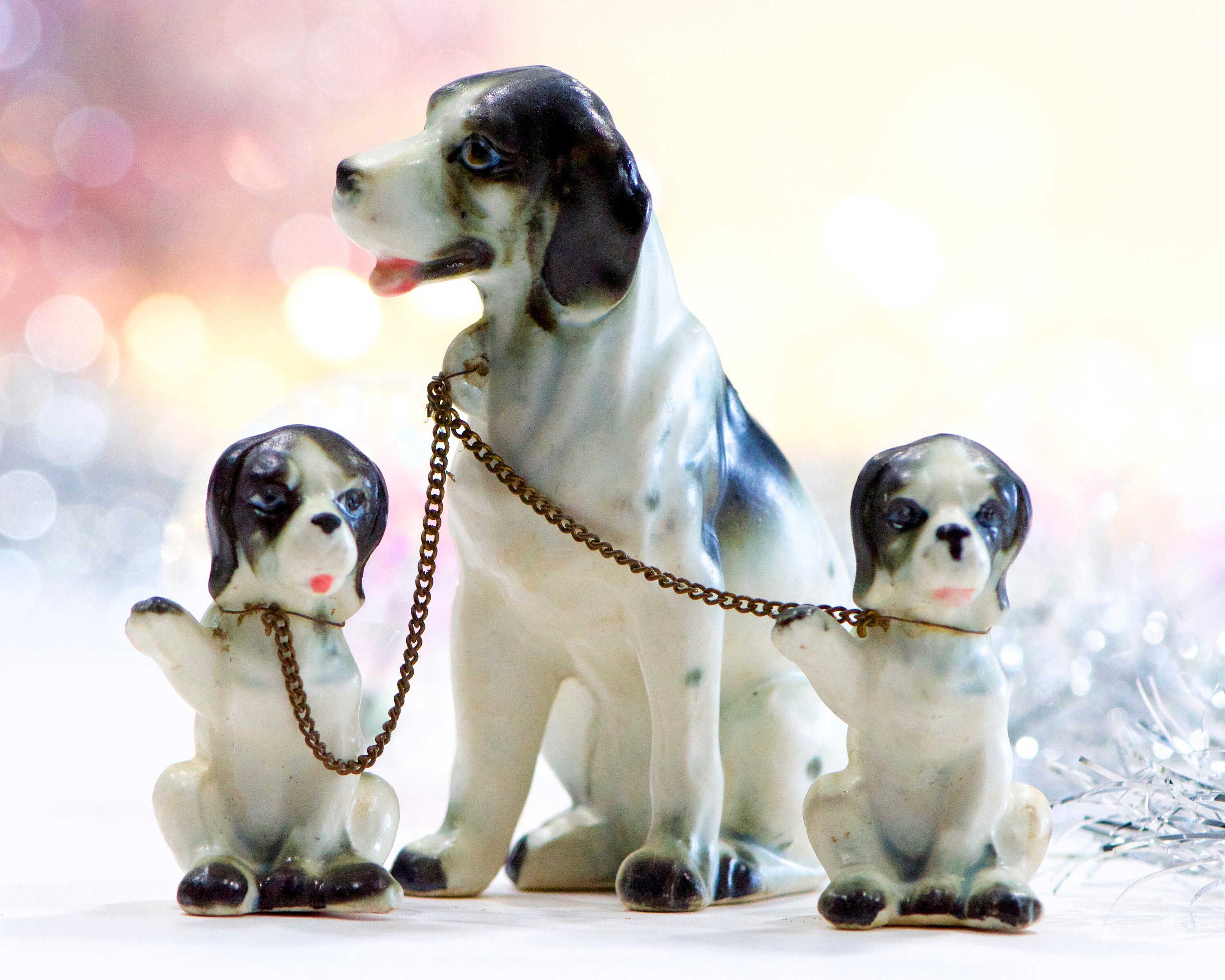 VINTAGE: Ceramic Dog Family - Chained Dog Set - by Wales