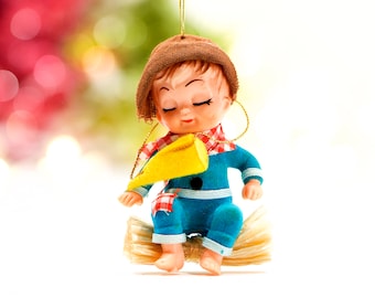 VINTAGE: Old Plastic Flocked Boy Ornament - Country Boy Ornament - Made in Japan -  SKU 15-B1-00006417