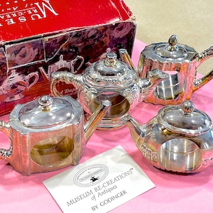 VINTAGE: 4er Set - 1994 Godinger Versilberte Teekannen Serviettenringe in Box - Cottage Style, Versilberte Serviettenringe