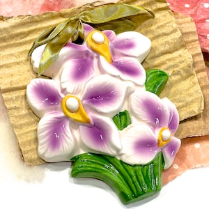 VINTAGE: 1970s - Porcelain Flower Wall Hanging - Ornament - Home Decor - Wall Decor - Flower Bouquet - Purple Flowers - Gift Idea