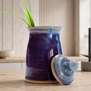 May include: A ceramic canister with a glossy, deep purple and blue glaze. The jar has a wide, flared rim and a matching removable lid with a rounded knob handle. A small green plant sprig extends from the top opening of the cylindrical vessel.