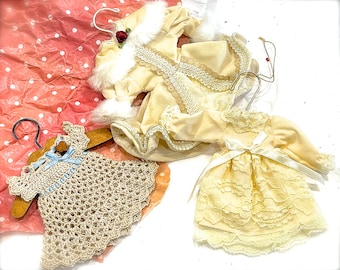 VINTAGE: 3pcs - Doll Dress Ornaments - Fabric Dresses on Hangers - Christmas Doll - Doll Ornament - SKU 00035670