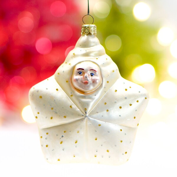 VINTAGE: Poland Glass Star with Face Ornament - Blown Figural Ornament - Mercury Ornament - Made in Poland - SKU 30-404-00013864