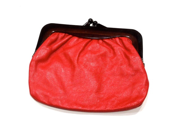 Vintage retro 1960s 1970s 1980s dark red genuine leather clutch bag purse handbag celluloid acrylic handles Italian  waterproof lining
