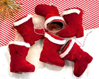 VINTAGE: 6pc - Flocked Santa Boot Ornament - Made in Japan - Christmas Decor - Home Decor - SKU Tub-400-00034890