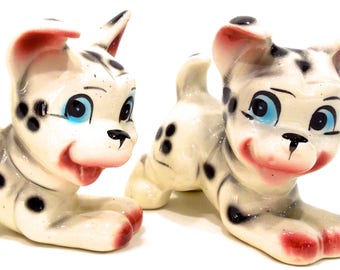 ヴィンテージセラミック製ダルメシアンの子犬の置物 - 手描きセット