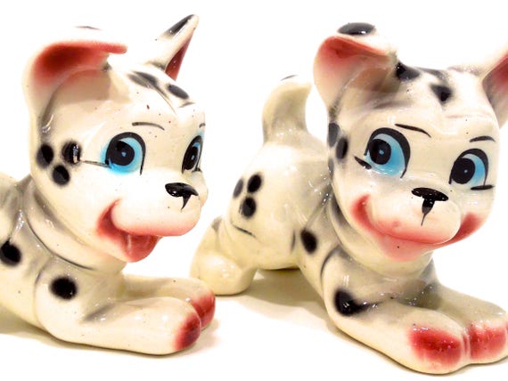 ヴィンテージセラミック製ダルメシアンの子犬の置物 - 手描きセット