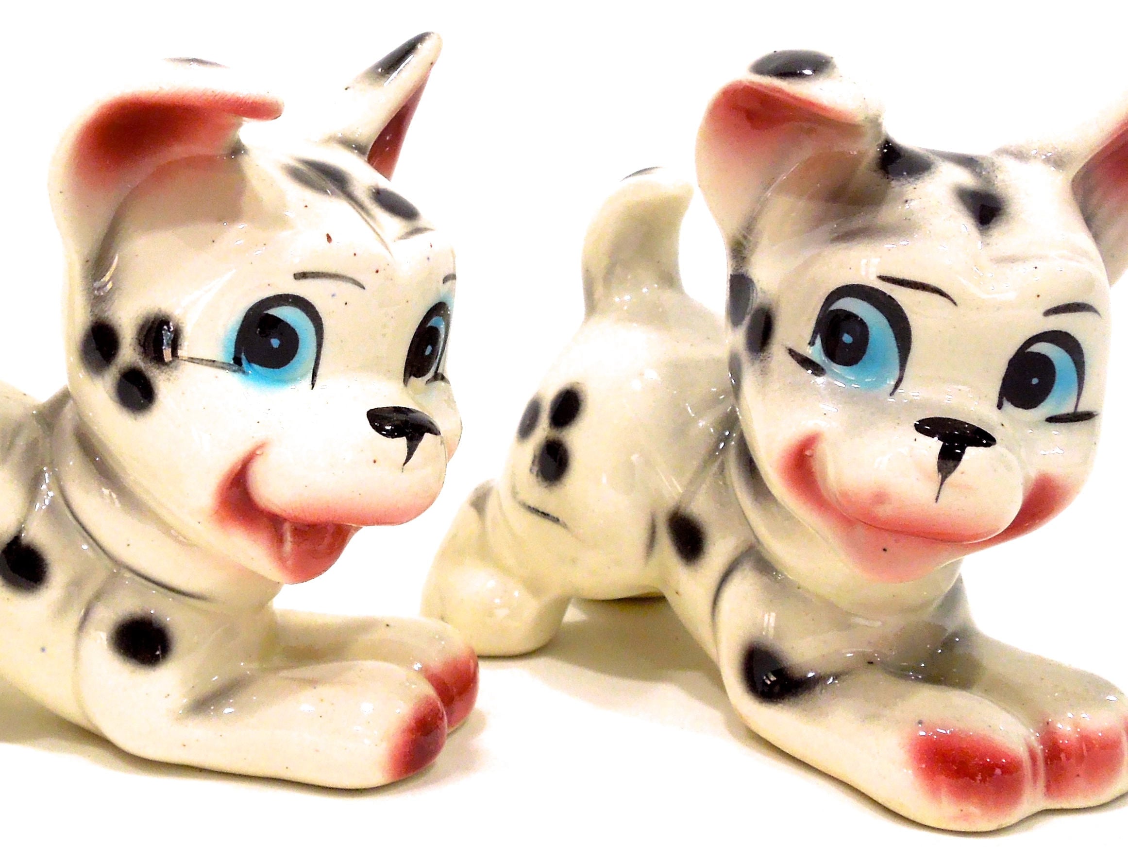 ヴィンテージセラミック製ダルメシアンの子犬の置物 - 手描きセット
